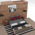 Bedroom Interior With Wooden Wall Painting Gray Bed Red Pillows Nightstand Striped Rug Pendant Lights