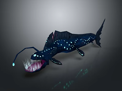 Bioluminescent Deep Sea Creature Character With Long Glowing Tentacles Sharp Teeth And Blue Spots 3d model