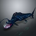 Bioluminescent Deep Sea Creature Character With Long Glowing Tentacles Sharp Teeth And Blue Spots