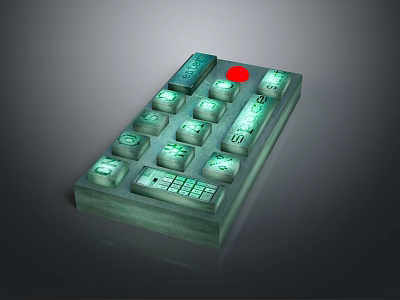 Electronic Control Panel With Multiple Buttons Red Button And Green Illuminated Labels 3d model