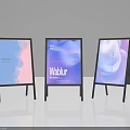Three Wabur Advertising Display Boards With Black Metal Stands And Gradient Backgrounds