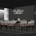 Modern Elegant Restaurant Interior with Round Dining Table Green Chairs Chandelier Large Window and Forest View