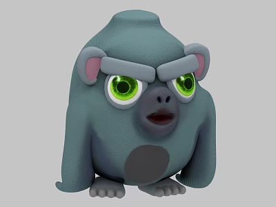 Gray Gorilla Doll with Green Eyes and Pink Ears and Frowning Expression Design 3d model