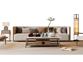 New Chinese-style Song-style Sofa Coffee Table Combination Multi-person Sofa Leisure Chair Floor Lamp 3d model
