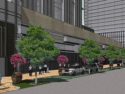 Vibrant Commercial Street With Modern Buildings Trees Pink Flowers Cars And Pedestrians 3d model