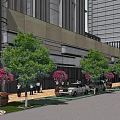 Vibrant Commercial Street With Modern Buildings Trees Pink Flowers Cars And Pedestrians