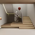 Modern Interior With Metal Bear Sculpture Holding Red Balloon Staircase Lighting And Marble Accent