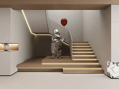 Modern Interior With Metal Bear Sculpture Holding Red Balloon Staircase Lighting And Marble Accent 3d model