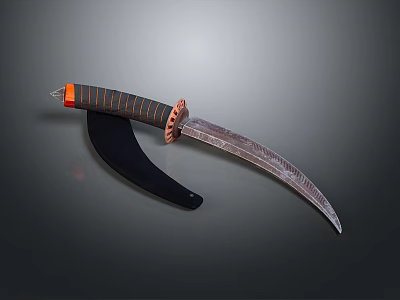 Curved Blade Weapon With Orange Black Striped Handle And Black Sheath 3d model