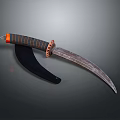 Curved Blade Weapon With Orange Black Striped Handle And Black Sheath