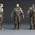 Game Movie Character in Worn Combat Gear With Mechanical Arm and Protective Armor