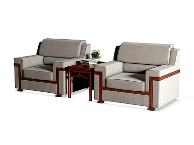 Gray Leisure Sofa Set With Wooden Arms And Coffee Table With Books And Potted Plant 3d model