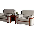 Gray Leisure Sofa Set With Wooden Arms And Coffee Table With Books And Potted Plant