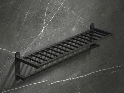 Black Metal Slatted Wall Mounted Bathroom Shelf On Marble Texture Wall 3d model