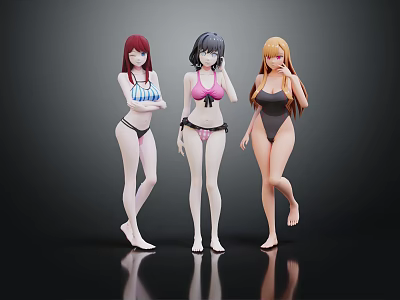 Anime Female Characters In Bikini With Different Hair Colors And Standing Poses On Dark Background 3d model