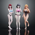 Anime Female Characters In Bikini With Different Hair Colors And Standing Poses On Dark Background