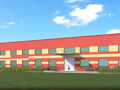 Red and Yellow Industrial Factory Building with Multiple Windows and Green Front Lawn 3d model