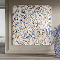 Vibrant Abstract Painting And Colorful Wire Sculpture In Modern Interior Space