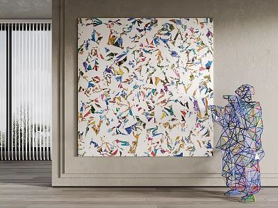 Vibrant Abstract Painting And Colorful Wire Sculpture In Modern Interior Space 3d model