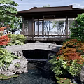Traditional Chinese Landscape Pavilion With Stone Bridge Stream Lush Greenery Red Maple Leaves Water Lilies
