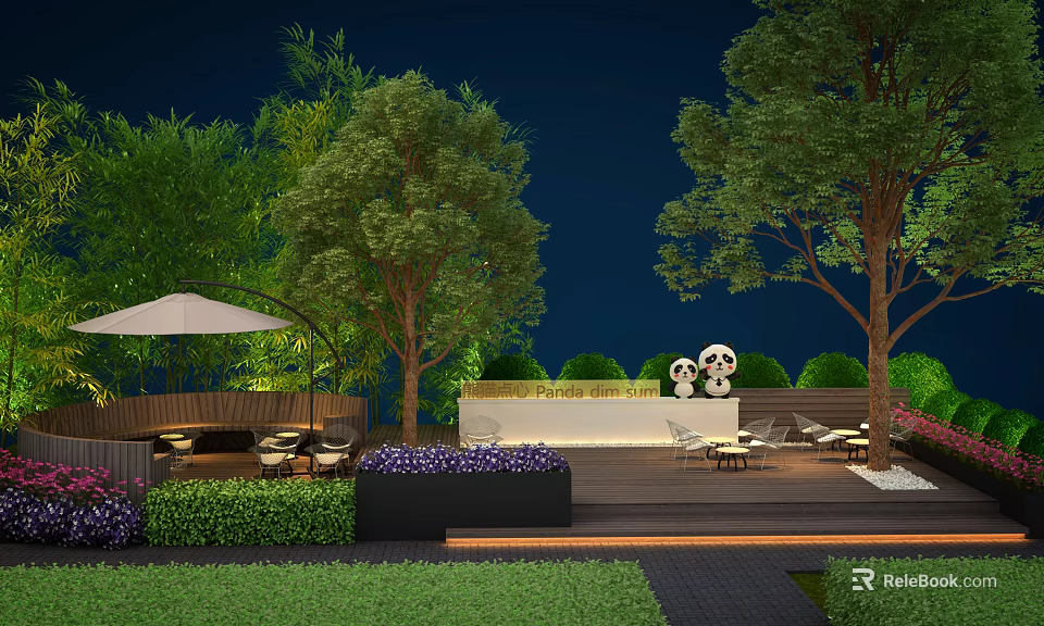 Outdoor Evening Garden Patio With Trees Umbrella Seating And Flower Beds 3d model 