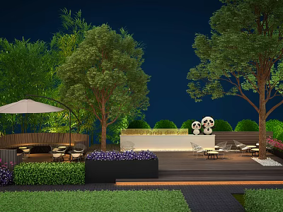 Outdoor Evening Garden Patio With Trees Umbrella Seating And Flower Beds 3d model