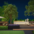 Outdoor Evening Garden Patio With Trees Umbrella Seating And Flower Beds