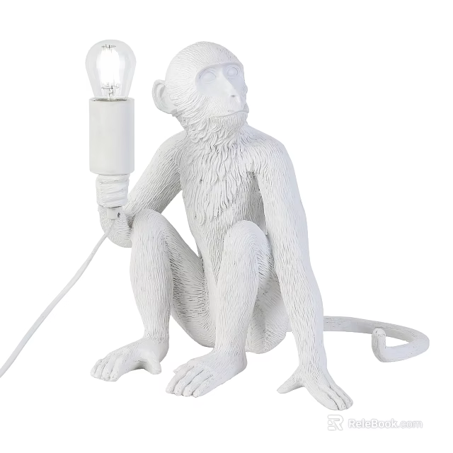 Monkey Shaped White Table Lamp in Sitting Pose Holding Bulb and Cord 3d model 