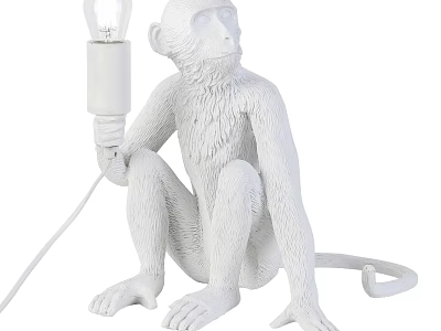 Monkey Shaped White Table Lamp in Sitting Pose Holding Bulb and Cord 3d model