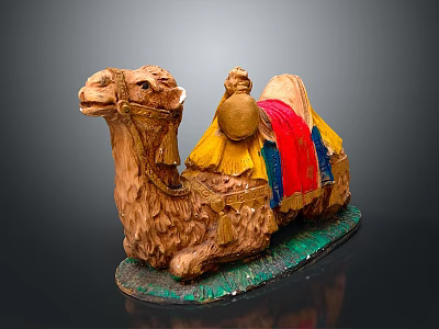 Decorative Camel Figurine With Yellow Red Fabric Saddle And Green Base 3d model