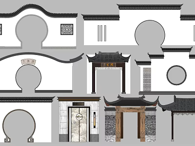 Traditional Chinese Building Facade With Circular Doorways Overhanging Eaves And Carved Decorations 3d model