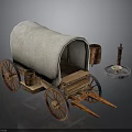 Vintage Wooden Wagon With White Canvas Cover Barrels Lantern And Stone Base