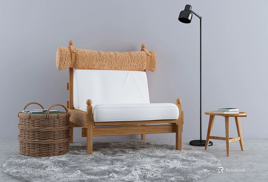 Comfortable Wooden Leisure Chair With White Cushion Orange Fleece Backrest Rattan Basket And Floor Lamp 3d model 