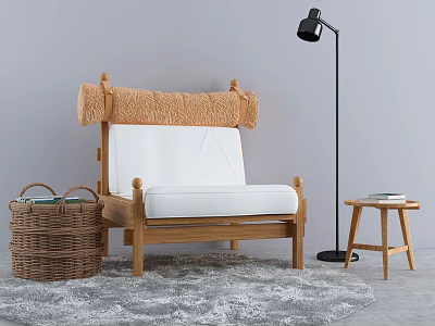 Comfortable Wooden Leisure Chair With White Cushion Orange Fleece Backrest Rattan Basket And Floor Lamp 3d model