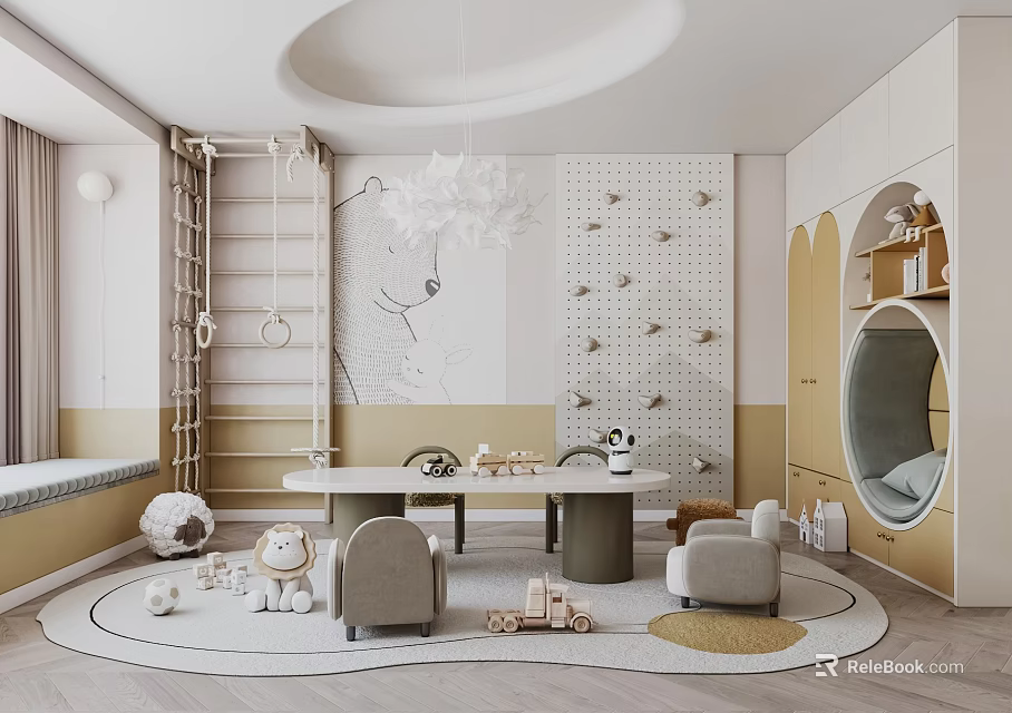 Playful Kids Room Interior With Round Table Climbing Ladder Soft Toys And Wall Decor 3d model 