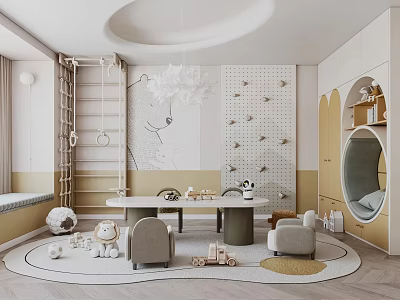 Playful Kids Room Interior With Round Table Climbing Ladder Soft Toys And Wall Decor 3d model