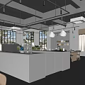 Modern Café With Open Bar Counter Wooden Seats Large Windows Green Plants And Gray Tones