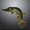 Pike Fish Figurine Displaying Green Body Yellow Spots Orange Fins on Dark Background with Reflection