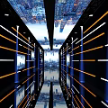 Futuristic Corridor Interior With Orange And White Lines Reflective Floor And Digital Screens