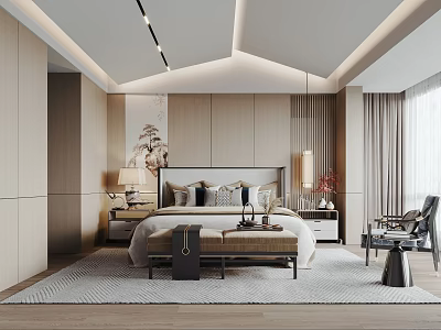 Modern Bedroom Interior Design With Bedside Lamps Soft Area Rug And Curtains 3d model