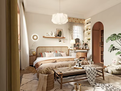Cozy Bedroom Interior Design With Rattan Headboard Bed Coffee Table Rug And Pendant Light 3d model
