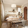 Cozy Bedroom Interior Design With Rattan Headboard Bed Coffee Table Rug And Pendant Light