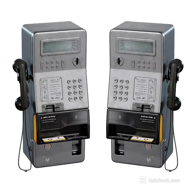Silver Metallic Public Payphones With Display Screens Keypads Handsets And Coin Slots 3d model 