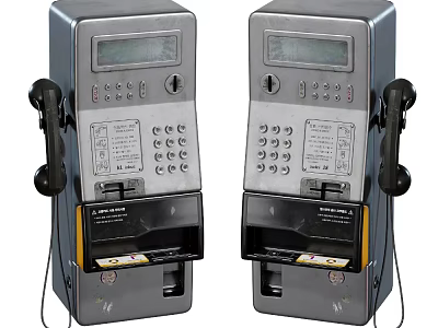 Silver Metallic Public Payphones With Display Screens Keypads Handsets And Coin Slots 3d model