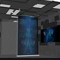Futuristic Tech Room With Holographic Projection Blue Interface Wall Displays And Ceiling Lights
