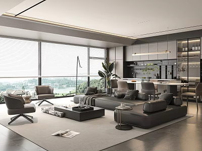 Modern Living Dining Room Interior with Gray Sofa Armchairs Large Windows View and Open Kitchen 3d model