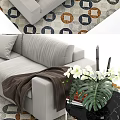 Light Gray Double Sofa With Brown Blanket Geometric Rug And Side Table With Plant 3d model