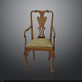 Classic Wooden Chair With Carved Backrest Armrests and Patterned Upholstered Seat