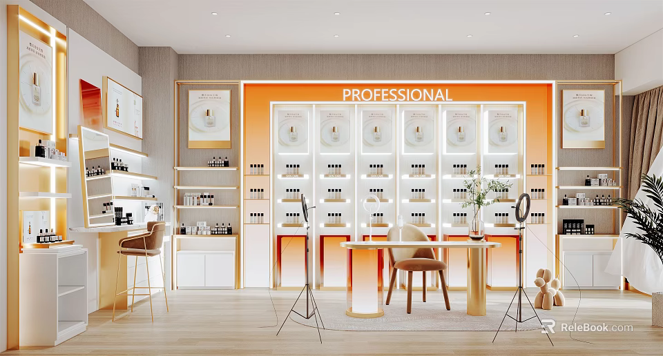 Professional Public Office Area With Open Design Shelves Tables Chairs And Decorative Lighting 3d model 