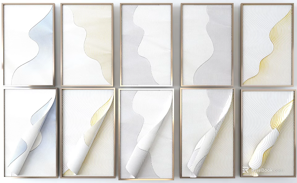 Decorative Wall Art With Wavy Line Patterns And Golden Frames In Multiple Colors 3d model